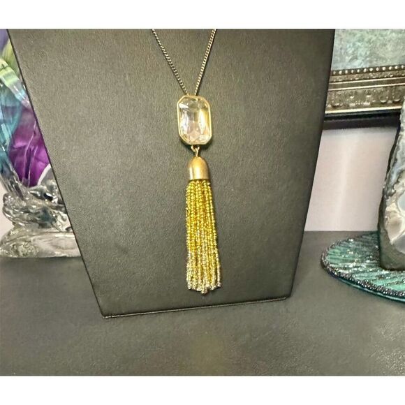 J Crew Jewelry Gold Tone Square Crystal Pendant Necklace with Tassel - Picture 2 of 4